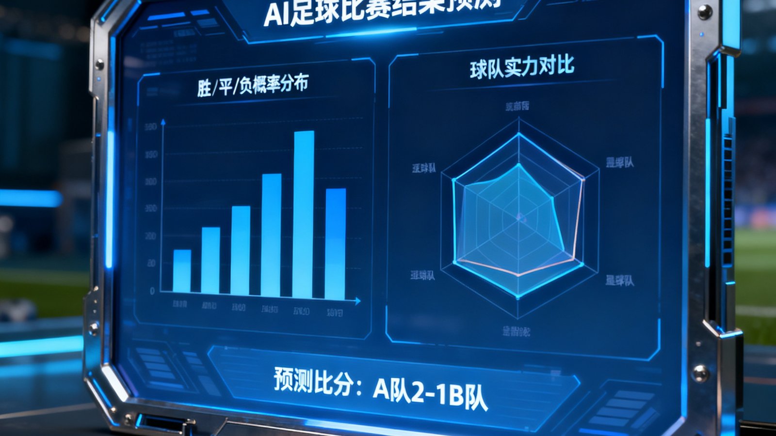 一张展示AI算法预测足球比赛结果的界面截图，画面中显示概率分布图表、球队实力雷达图和预测比分，整体设计科技感十足